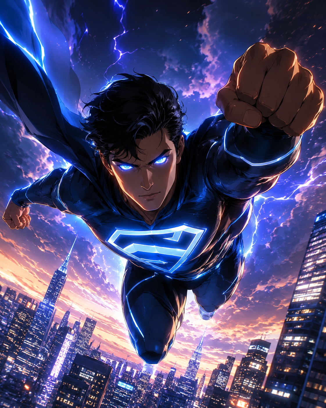 OHM Energy mascot — a figure crackling with electric-blue lightning, flying over a night city skyline